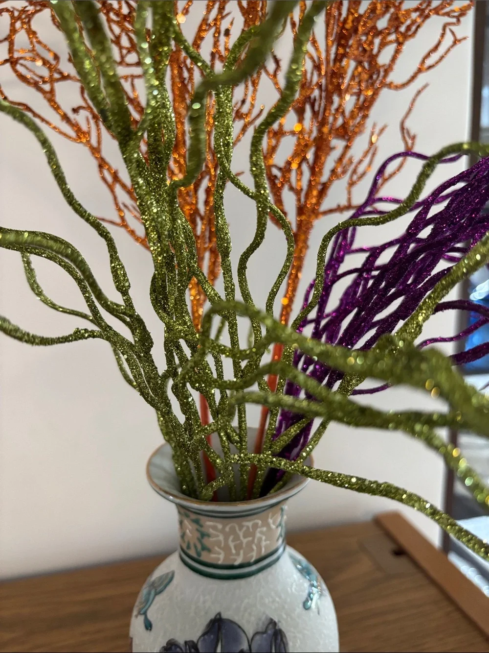 Decorative Glitter Branches in Orange, Green, and Purple - Home Accents